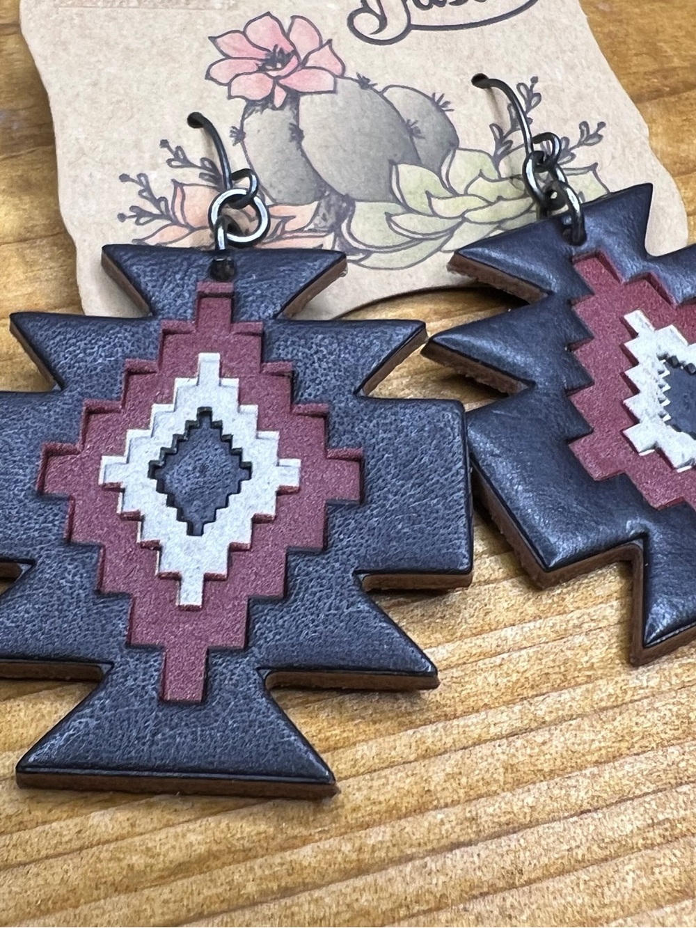 Justin Boots Southwestern Geometric Leather Earrings — Brown, Maroon & Cream